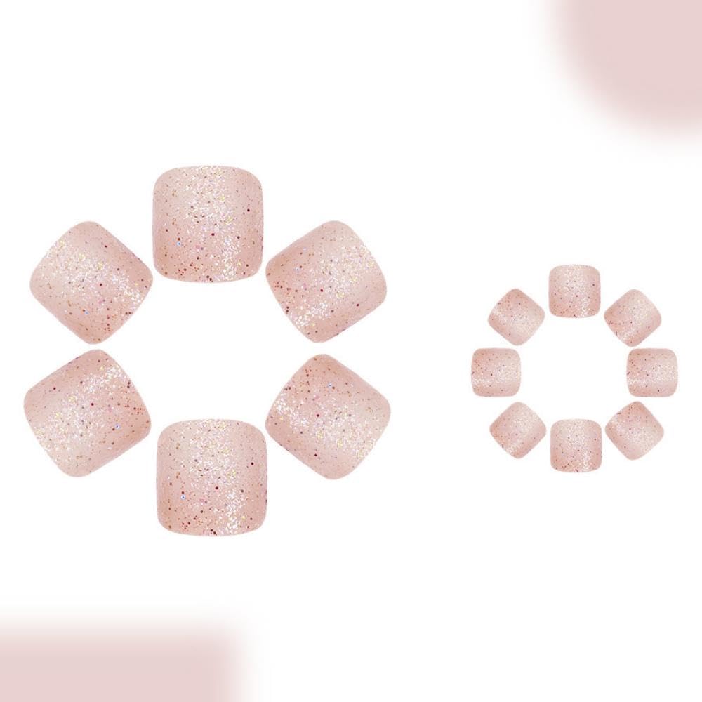 Glitter Press on Toe Nails Short Square False Toenails with Sequins Designs Full Cover Fake Toenails Spring Stick on Toenails Glossy Reusable Summer Glue on Toe Nails for Women Girls Manicure 24Pcs