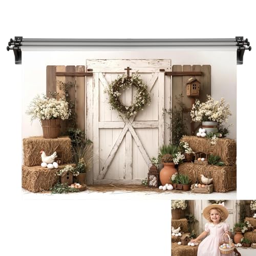 Kate 7x5ft/2.2x1.5m Easter Backdrop for Photography Barn Wooden Door Eggs Photoshoot Background Photo Video Studio Props - size: 7x5ft