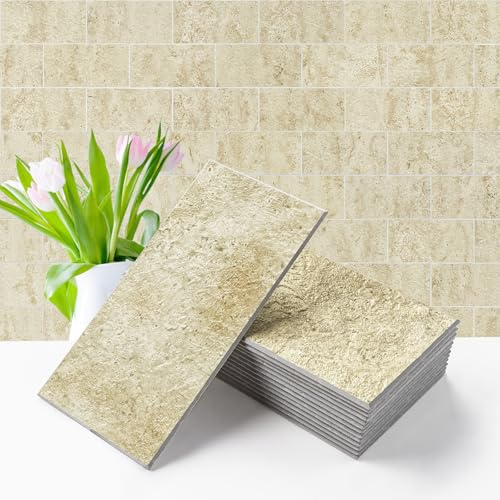 Vamos Tile 100-Piece Peel and Stick Backsplash Seamless Tile,3''x6'' Textured Beige Travertine with White Grout PVC Subway Tile,Stick on Backsplash for Kitchen/Bathroom/Laundry Room - color: Beige Travertine