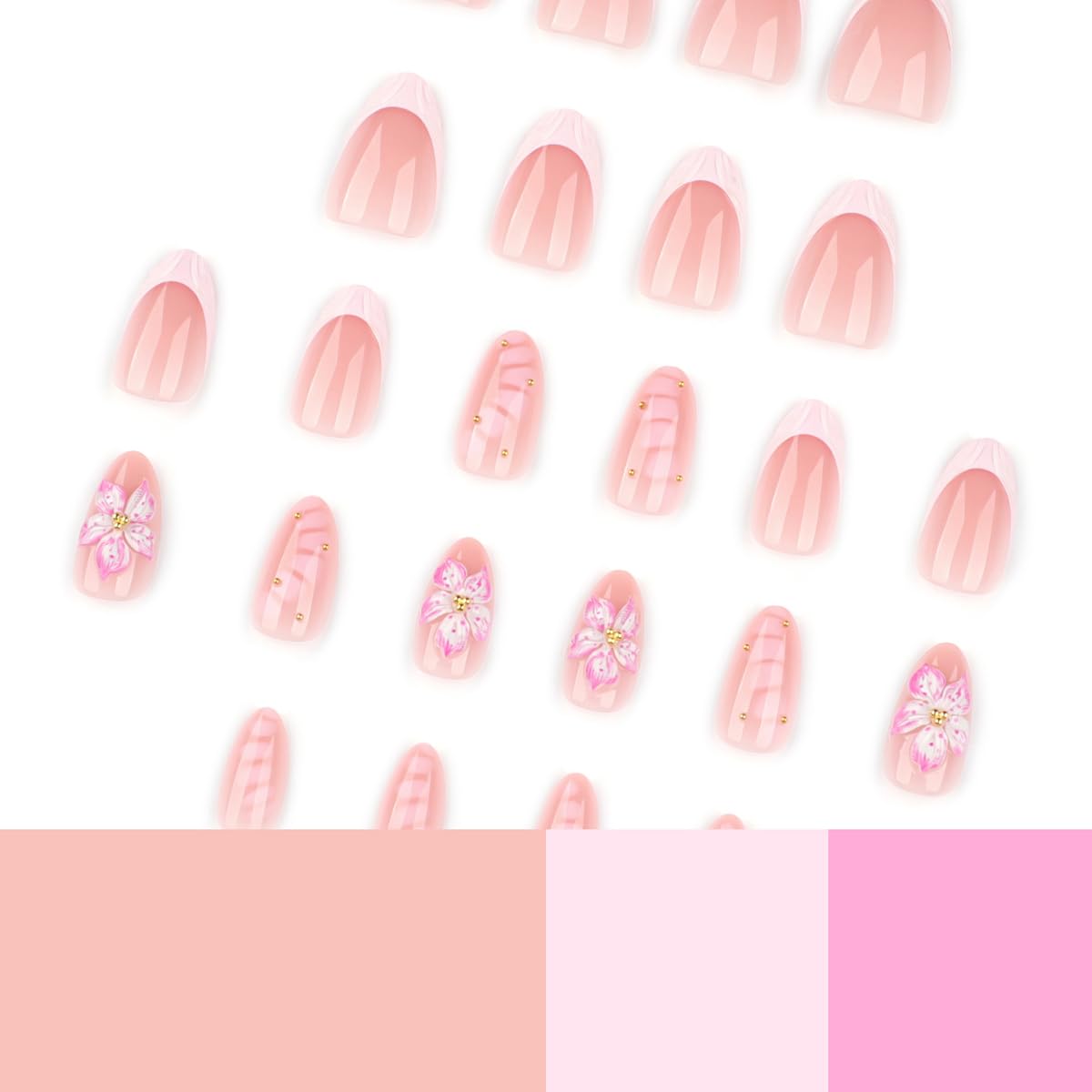 Short Almond Press on Nails Pink Flower Fake Nails Spring Summer Nails Press ons with Design,Reusable Artificial Nail Full Cover Stick on Nails for Women Manicure 24Pcs