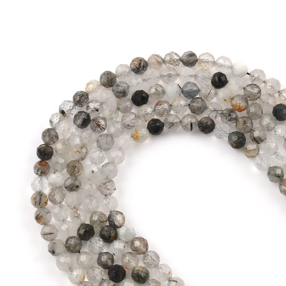 Song Xi 120pcs 3mm Natural Black Rutilated Quartz Gemstone Beads Faceted Round Loose Stone Beads for Jewelry Making (1 Strand)