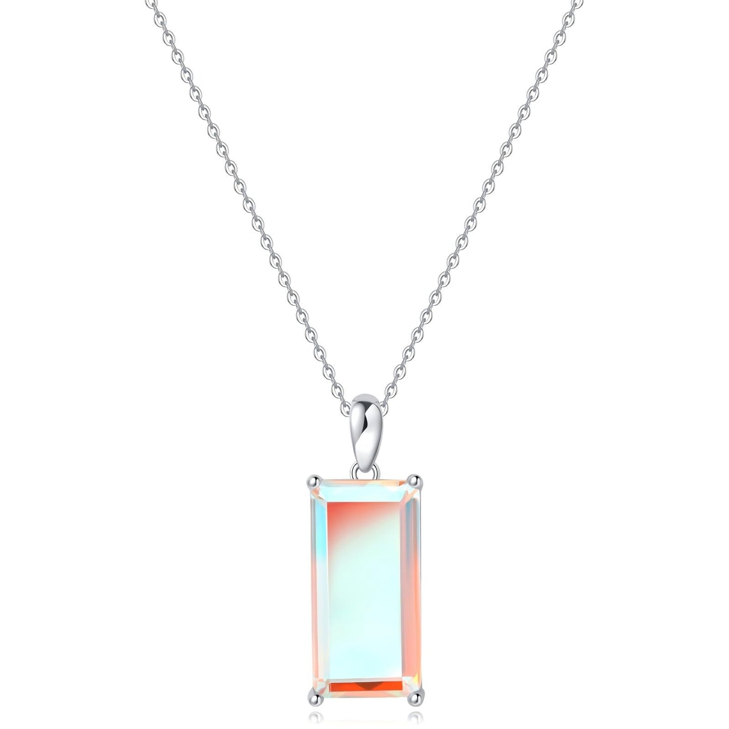 EVERLEAD Healing and Romantic Rainbow Moonstone Necklace for Women - Big Authentic Moonstone - Premium Sterling Silver Chain & Diamond Cutting - Light Luxury Gift for Women. (Classic Style)