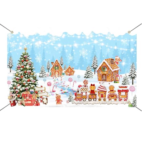 Mocsicka Gingerbread House Christmas Backdrop Blue Winter Merry Christmas Decorations Banner Sweet Gingerbread Candyland Photo Background Holiday Photo Booth Props - color: Blue