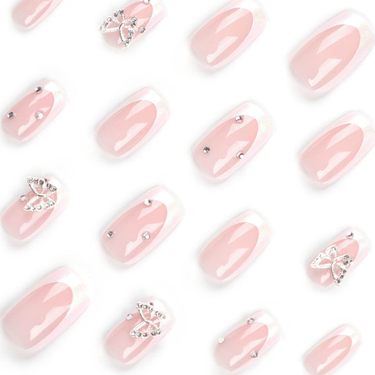 White French Tip Press on Nails Medium Square Fake Nails Press ons with Butterfly Charms Design Reusable Artificial Nails Glossy Full Cover Glue on Nails Stick on Nails for Women Manicure 24Pcs