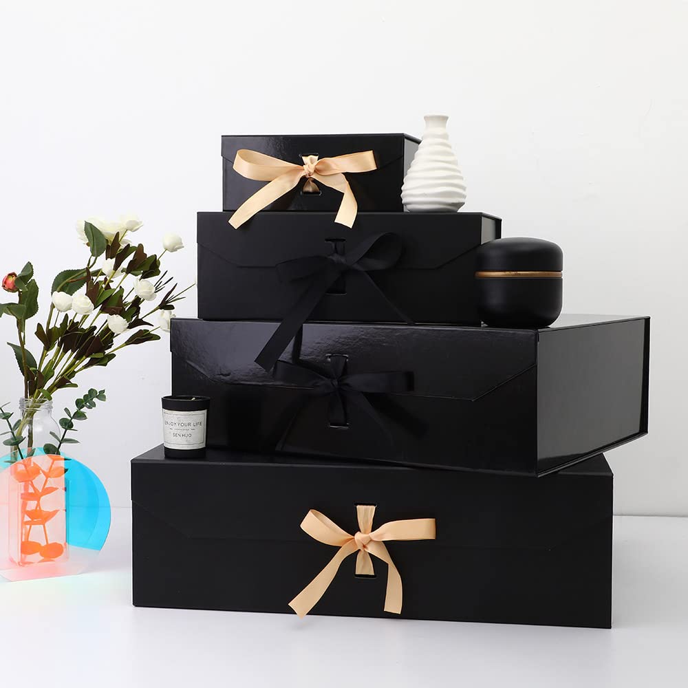 GoooodGift Black Large Gift Box 13x11x5.3 Inches,Luxury Gift Wrap Box with Lid Magnetic Closure, Rectangle Collapsible Boxes for Gift Packaging (Glossy Black)