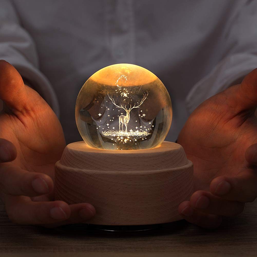 FSIGOM Projection LED Light-3D Crystal Ball Music Box Luminous Rotating Musical Box-Wood Base Best Gift for 【Mother's Day Gift】 Birthday Christmas (Elk)
