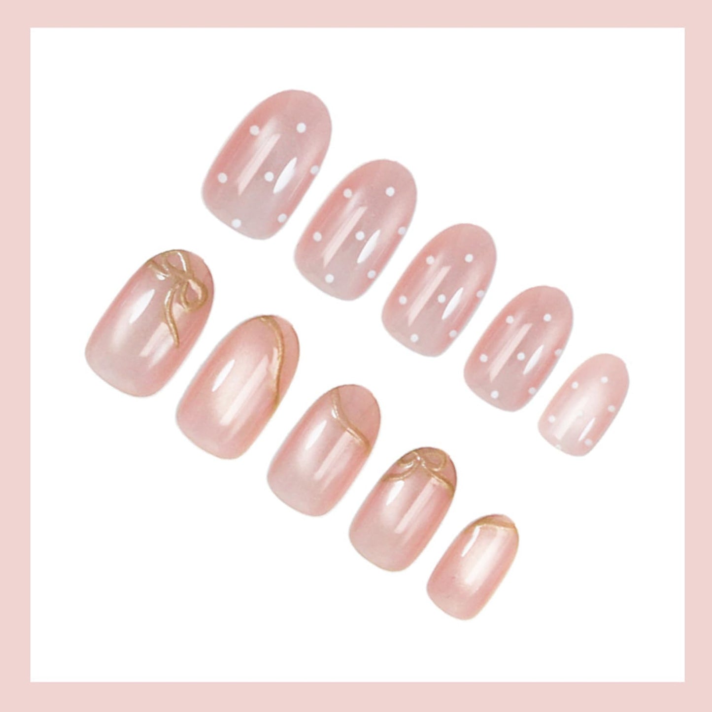Polka Dot Press on Nails Medium Oval Fake Nails with Designs Gold Bow Stick on Nail Glitter Acrylic False Nail Cute Artificial Nail Press ons Glossy Full Cover Glue on Nails for Women