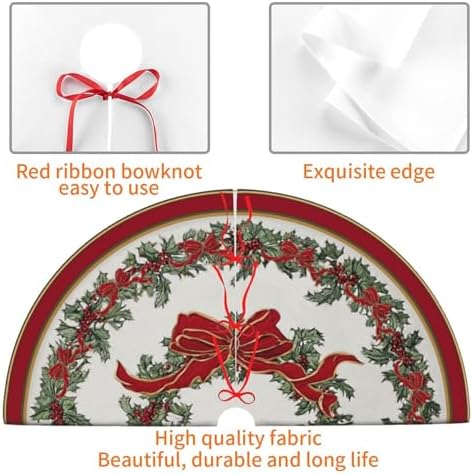 Bow Holly Fruit Christmas Tree Skirt 36 Inch Xmas Tree Mat Party Decor Supplies for Holiday Home Decorations