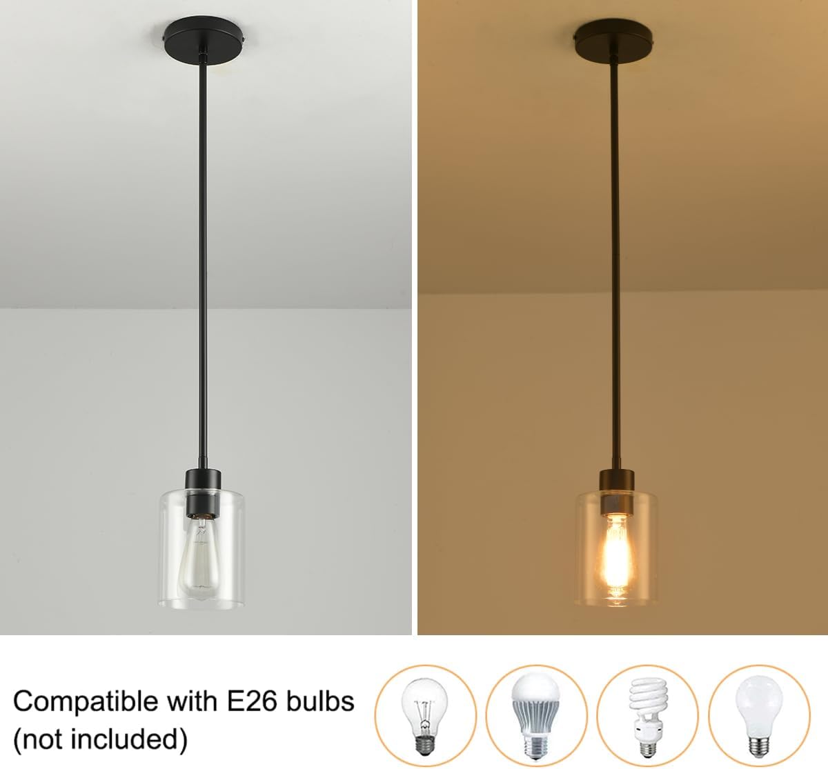 Black Pendant Lights Kitchen Island,Modern Farmhouse Glass Pendant Light,Light Fixture Kitchen Pendant Mini Hanging Light Fixture for Sink (Black 2 Pack Stem Rod)