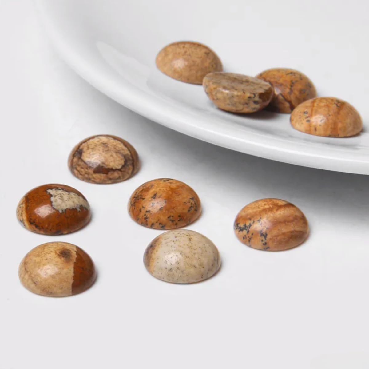 20pcs 12mm Natural Stone No Hole Brown Picture Semicircle Smooth Cabochons Beads Healing Chakra Crystal Stone Bead for Jewelry Making Rings Earrings Necklace Bracelet DIY Crafts