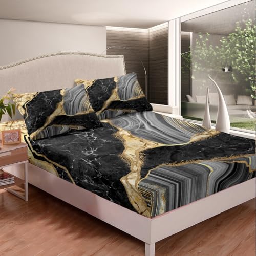 Black Marble Fitted Sheet Gold Metallic Marble Design Bedding Set Abstract Marble Texture Bed Sheet Set Modern Grey Gold Bed Cover Golden Streaks 3Pcs with 2 Pillow Case Queen Size - color: Multi Aa01, size: Queen
