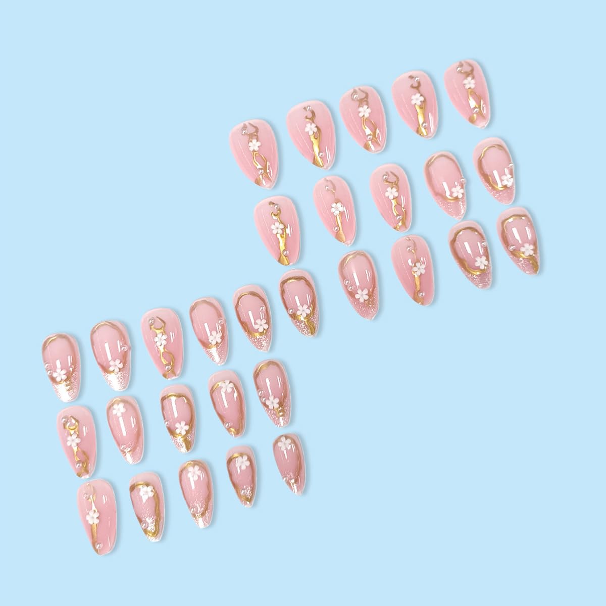 Spring Press on False Nails Glitter French Tip Fake Nails Medium Almond Glue on Nails with Flower Gold Chrome Pearl Designs Press ons Stick on Nail for Women Manicure 30Pcs