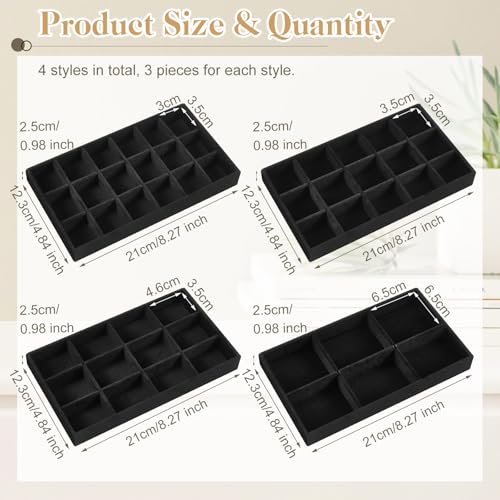 Junkin 12 Pcs Jewelry Tray Velvet Stackable Jewelry Organizer Trays Divided Earring Accessories Storage Containers Box (Rose Red) - color: Black