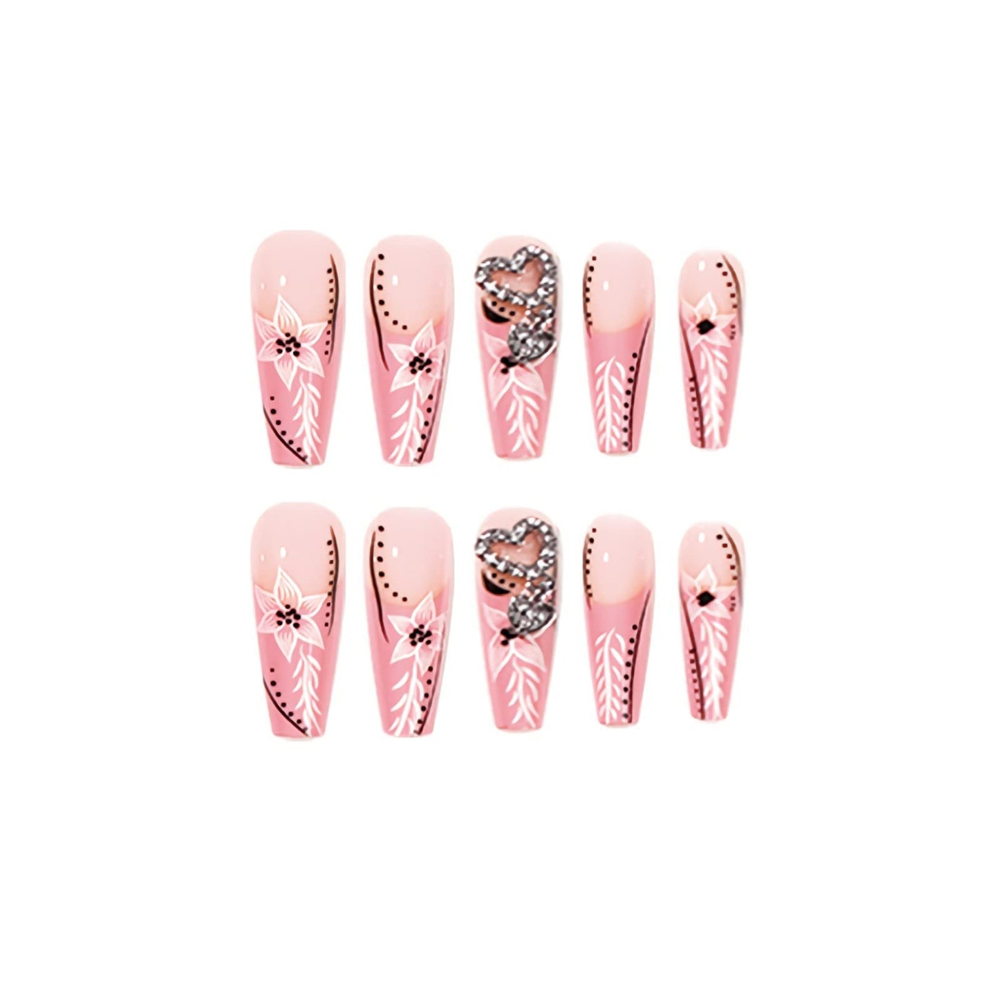BABALAL Coffin Press on Nails Long French Fake Nails Pink Glossy Glue on Acrylic Nails with Flower Design 24Pcs