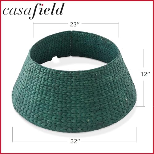 Casafield 32-Inch Christmas Tree Collar, Woven Water Hyacinth Tree Base Cover with Cord Cut Out, Green
