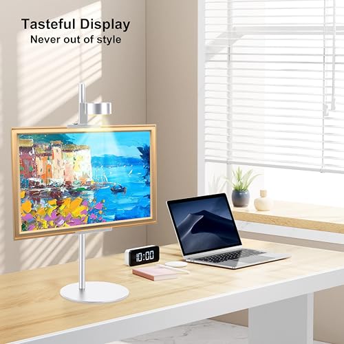 Adjustable Desktop Photo Frame Stand with Magnetic Wall Painting Light, Holds Picture Frames up to 30 Inch,with Rechargeable Battery,Metal Vertical Stand with 3 Color Temperature & 13RGB Poster Lights, for Displaying Picture Frames, Artworks (1, Silver, 3