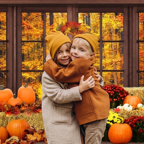 Leowefowa 5x3ft Vinyl Fall Window Backdrop Autumn Forest Pumpkin Photography Background Thanksgiving Party Decorations Baby Shower Birthday Party Background Photo Booth Props - size: 5x3ft