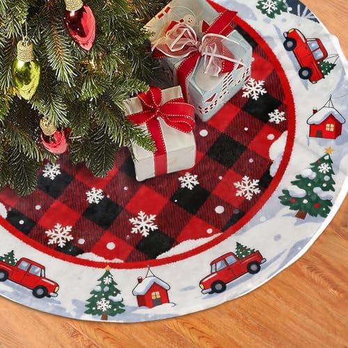 Snowflakes Car Farmhouse Buffalo Plaid Christmas Tree Skirts 36", Xmas Tree Cloth Mats Trees Skirts for Decor Gift, Home Decoration
