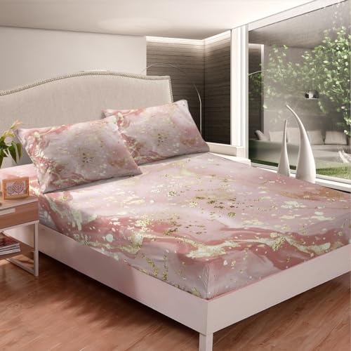 Manfei Marble Texture Fitted Sheet Pink Marble Pattern Golden Sequins Print Bedding 2pcs Microfiber Bed Sheet Set (1 Fitted Sheet + 1 Pillow Case) Twin Size - color: Multi 17, size: Twin (39*75*16")