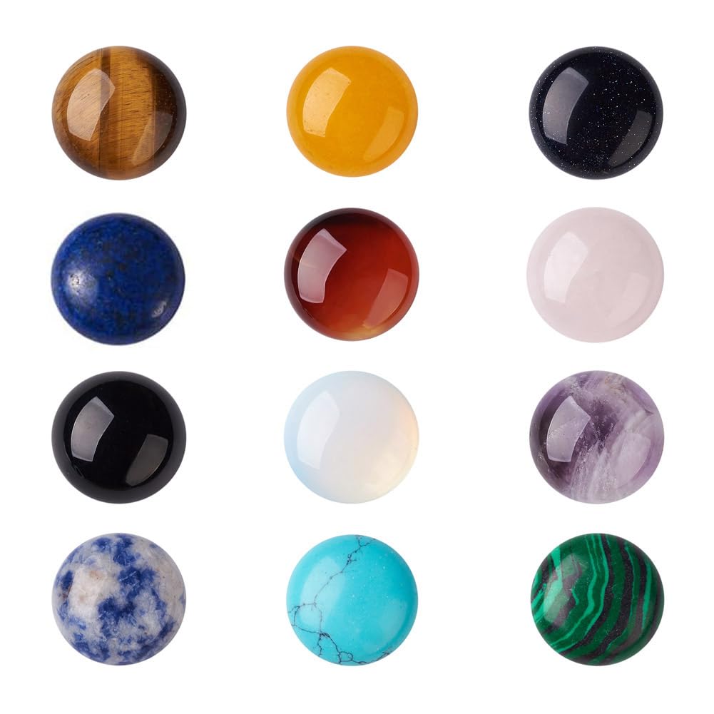 Fashewelry 24pcs 20mm Healing Crystal Gemstone Cabochons Assorted Round Flatback Natural & Synthetic Energy Stone Cab Covers No Hole for Jewelry Craft Bracelet Necklace Making