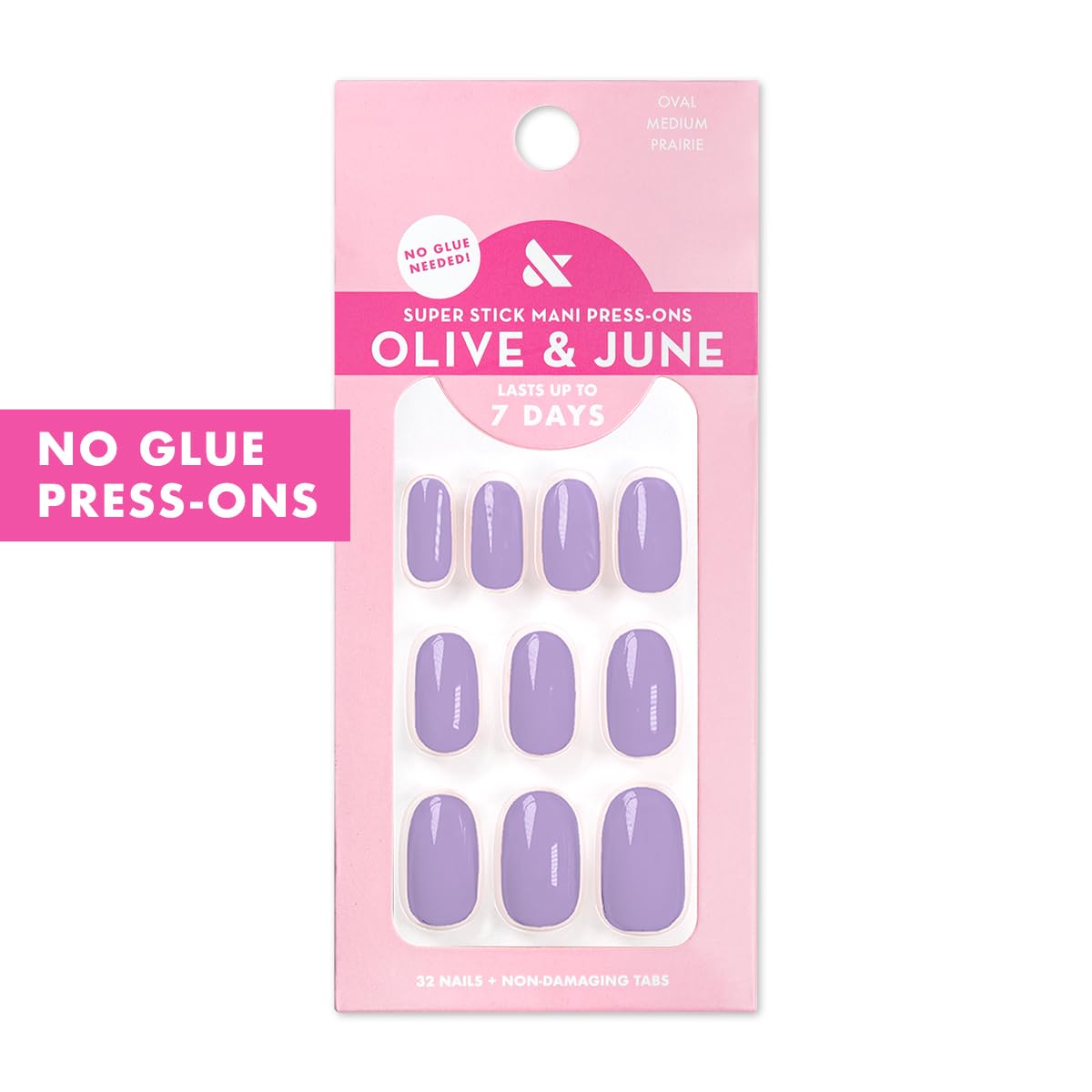 Olive & June Classic Super Stick Mani Press On Nails | No Glue Needed | 32 Tab Nails 16 Sizes | Non-Toxic Tabs Easy On-Off Non-Damaging Realist Look | 7-Day Wear | Medium, Oval | Prairie Lavender
