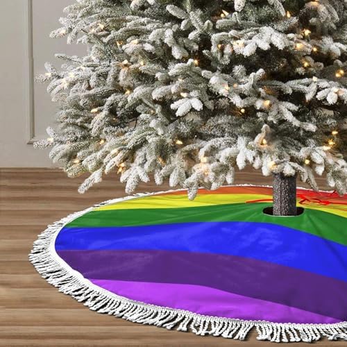 Christmas Tree Skirt 36" Inch LGBT Gay Pride Flag Xmas Tree Skirt Mat with White Tassel for Party Holiday, Tree Skirt Christmas Decorations