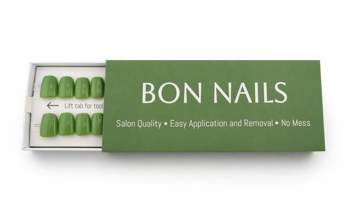 Bon Nails Press-On Nails, Classic Short Style, 30 Pieces with Glue Tabs, Alcohol Pads, Mini Filer, Cuticle Stick (Matcha Green)