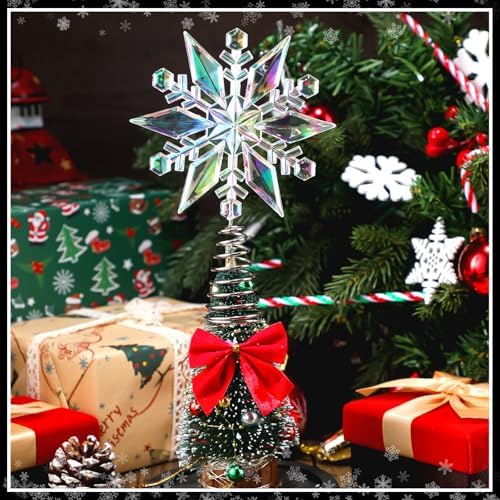 Gejoy 6 Inch Mini Christmas Iridescent Snowflake Tree Topper Acrylic Snowflake Toppers Xmas Ornament Trees Decor Iridescent Tree Topper for Winter Holidays Decor