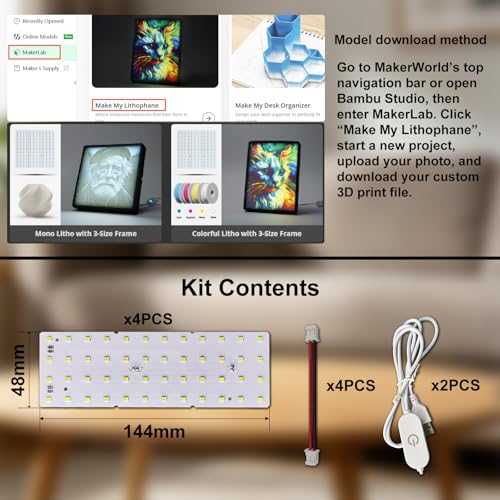 4PCS Lithophane LED Backlight Board Kit KC009 KC010 for Bambu Lab H2C/X1/P2S/A1 LED Light Board Backlights Makerworld Model Parts USB 3D Print Accessory Photo Model DIY Light Box - color: 4 PCS Lithophane LED
