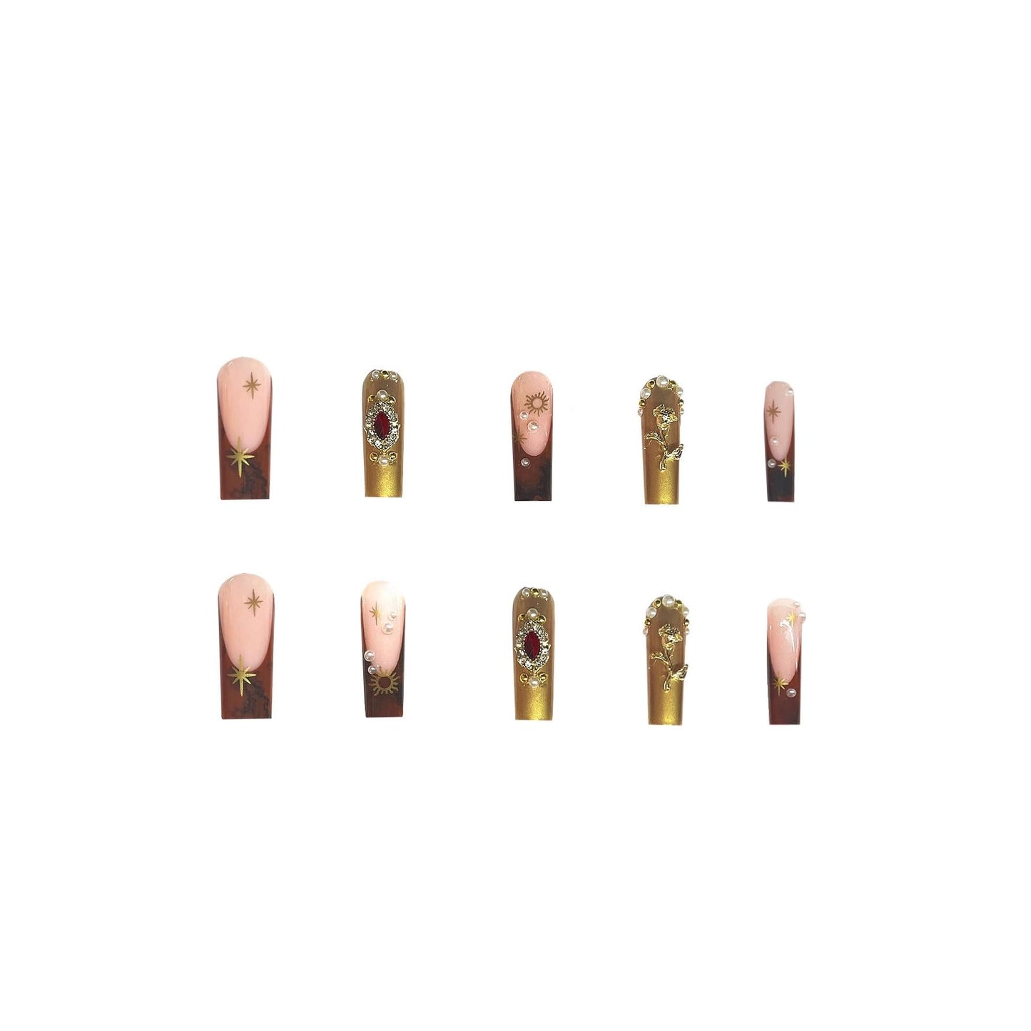 plalely Square Press on Nails Long Gold Fake Nail3D Embossed Acrylic Nail Press ons Red Rhinestones Stick on Nails for Women 24pcs