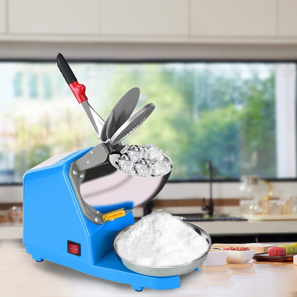 Yahpetes Electric Shaved Ice Machine 1Pcs Electric Dual Blades Ice Crusher Shaver Snow Cone Maker Machine 187lbs/hr for Home and Commercial Use (Blue)