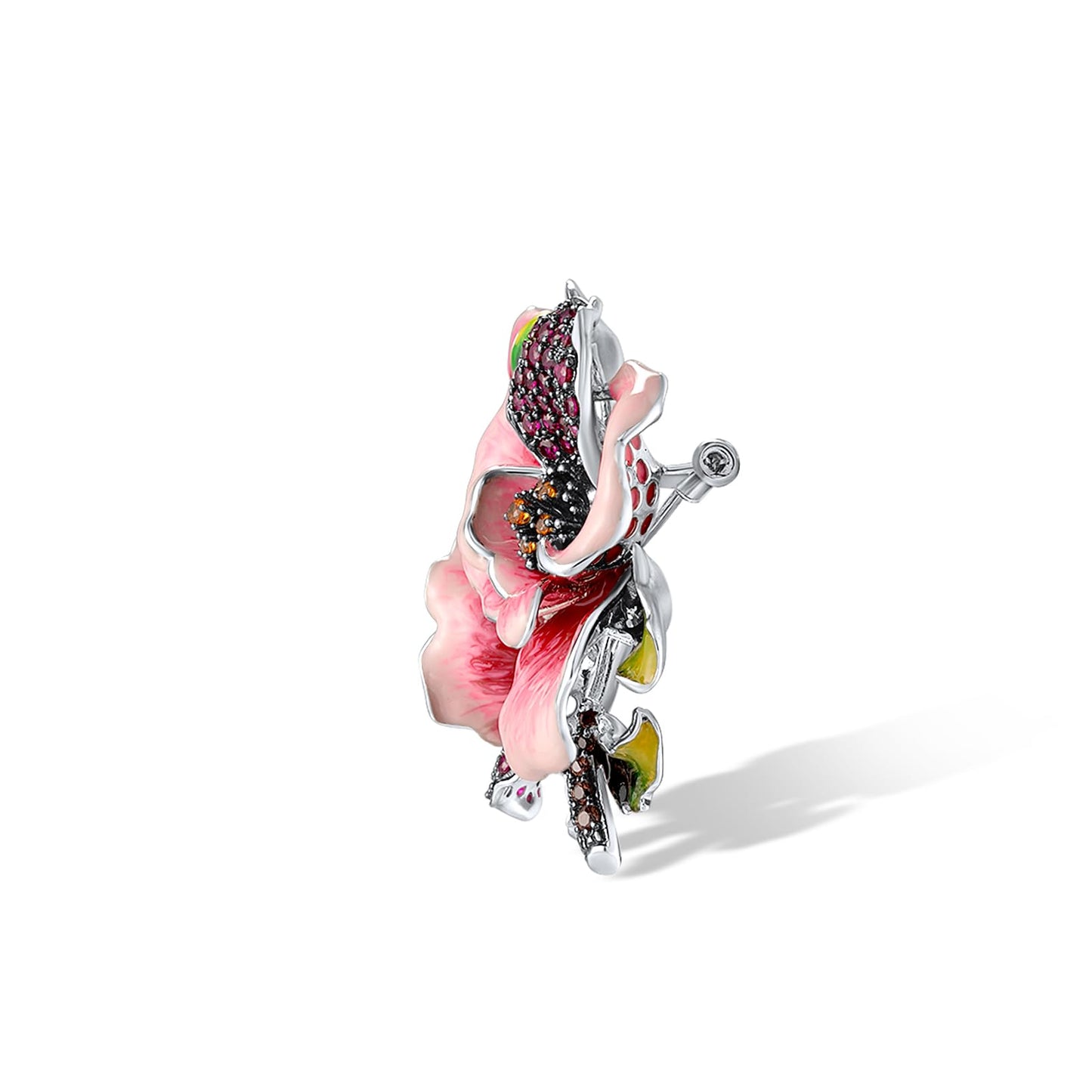 Santuzza Rose Brooch 925 Sterling Silver Created Ruby Nano Brown Spinel Enamel Pink Flower Brooch Pin for Women