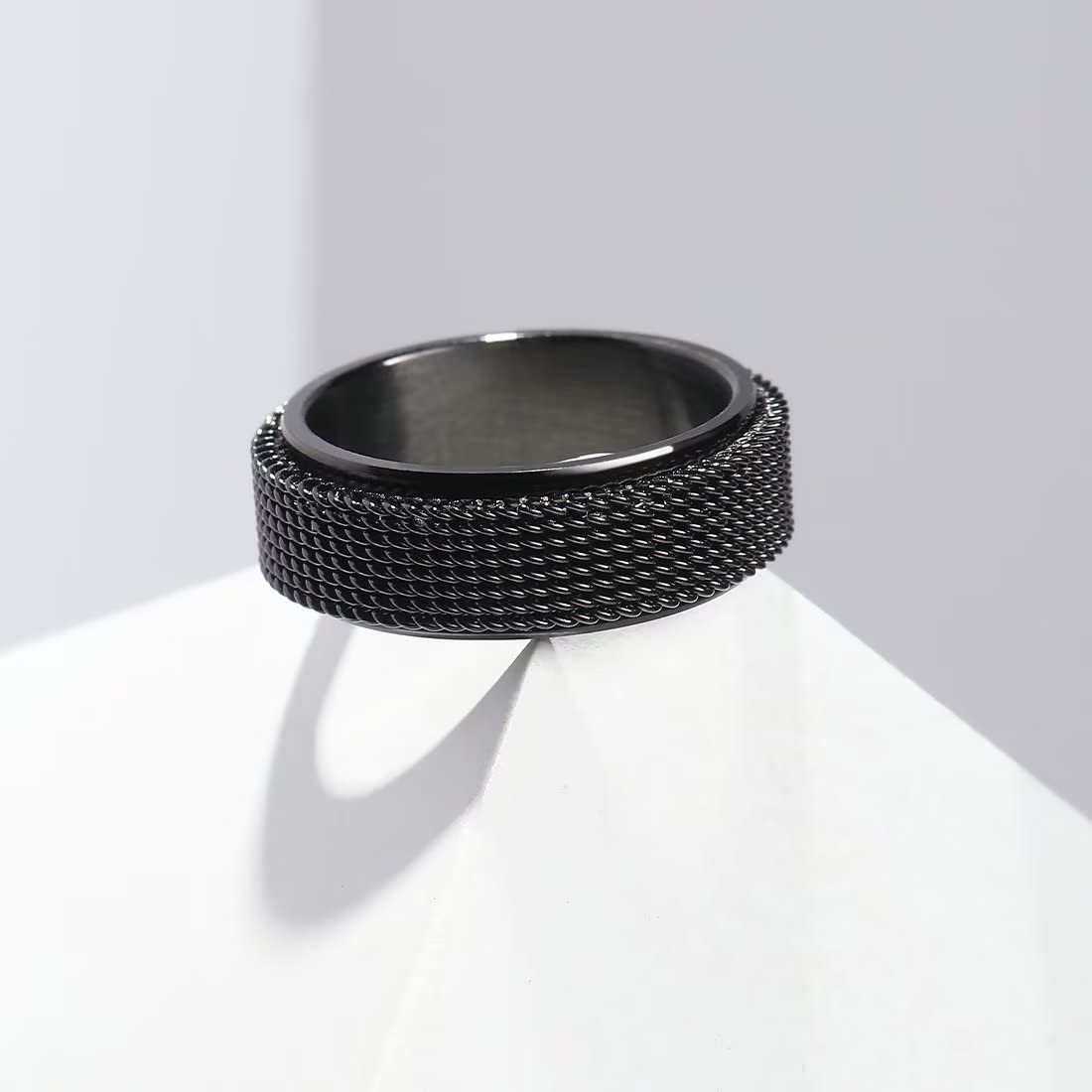 King Will Black 8mm Stainless Steel Chain Mesh Simple Plain Spinner Anxiety Ring for Women Men Wedding Band Ring Fidget Ring Mesh Chain Woven Mesh 14