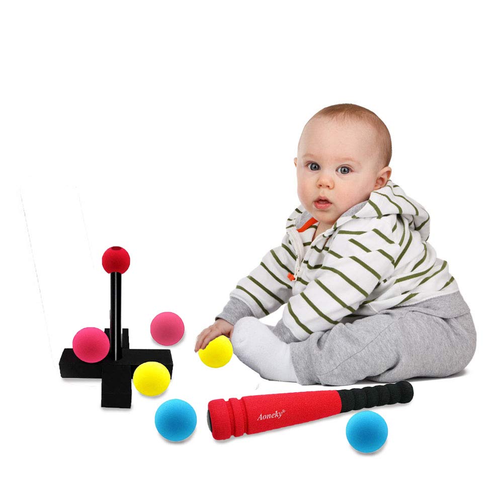 Aoneky Foam Tball Set for Toddlers 1-3 Years - First Baseball Toy with Soft Foam Bat & Balls, Stable Tee & Carry Bag, Indoor Outdoor Gift for Kids (Red)