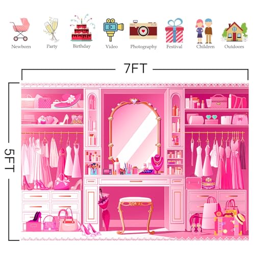 HANYING Pink Princess Cloakroom Backdrop,7x5ft Cartoon Girly Vanity Table Makeup Photography Background,Girls Birthday Baby Shower Photo Backdrop,Portrait Studio Props,HY0135YL - size: 7x5ft