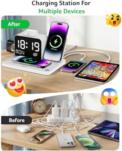 Acer 7-in-1 Wireless Charging Station with LED Clock - 30W Fast Wireless Charger for iPhone 16/15/14/13/12/Pro Max, Apple Watch, AirPods - Bluetooth Auto Time Sync & Night Lights (White)
