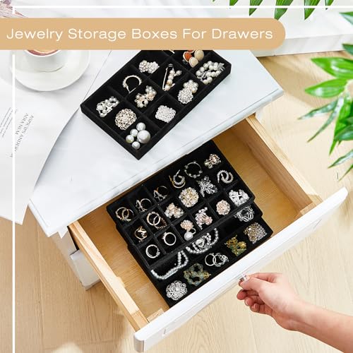 Junkin 12 Pcs Jewelry Tray Velvet Stackable Jewelry Organizer Trays Divided Earring Accessories Storage Containers Box (Rose Red) - color: Black