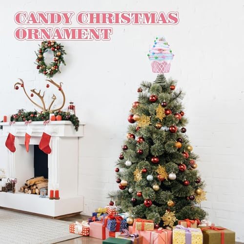 Pastel Cupcake Chrismtas Tree Topper, Dessert Pink Tree Topper Pastel Christmas Ornaments for Macaron Birthday Party Supplies (Dessert, 7.9 Inches)