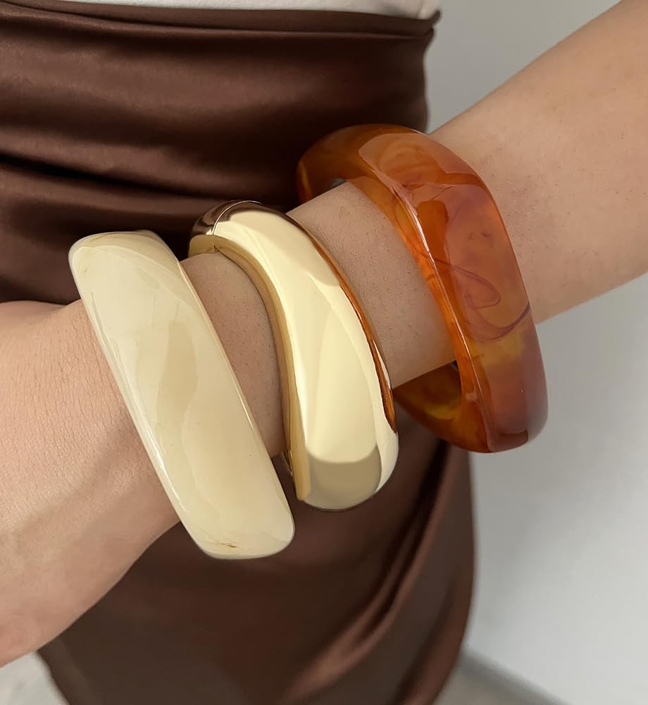 Chunky Gold Acrylic Bangle Bracelets for Women, Dainty 14k Gold Plated Big Stackable Orange Bangles Set, Trendy Cuff Bracelet Summer Beach Jewelry Gifts Amber Bangle