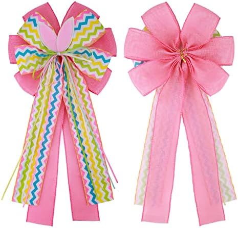 Meseey Large Easter Burlap Bow 20 x 10 Inch Wreaths Spring Bunny Rabbit Bows for Gift Wrapping Tree Topper Front Door Party Home Decorations (Bunny Bow)