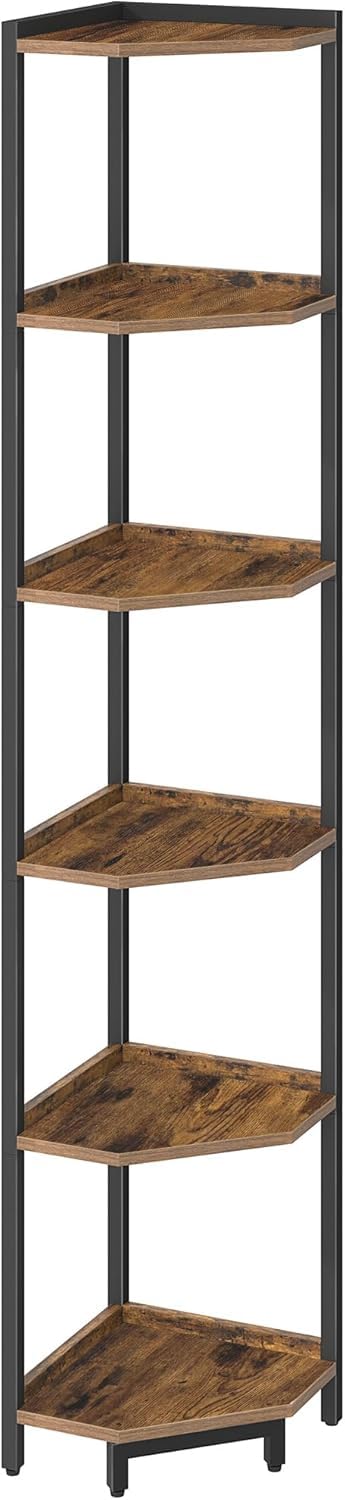 Hzuaneri Corner Shelf Stand, Corner Bookshelf, Storage Standing Shelf Unit with Metal Frame, Plant Stand, Bookcase for Living Room, Home Office, Bedroom, 6-Tier Rustic Brown CS06001B
