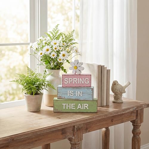 GlikCeil 4 Pcs Spring Table Decoration Daisy Wooden Block Sign Daisy Spring Table Decor Centerpieces Farmhouse Rustic Tiered Tray Tabletop Decor for Home Office Desk Kitchen Shelf Decors - style: Daisy