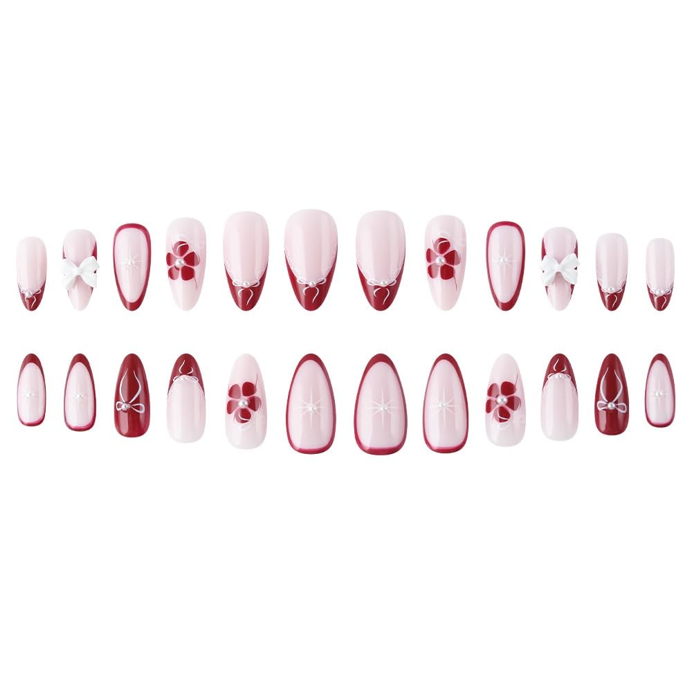 Flower Press on Nails Medium Almond Fake Nails with 5D Bow Charm Design Glossy Lace French Tips False Nail Full Cover Red Nail Press ons Reusable Spring Summer Acrylic Nail for Women Manicure 24Pcs