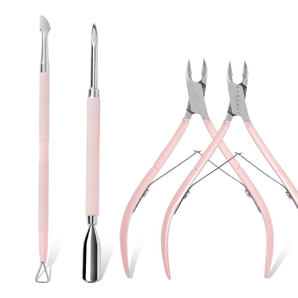 Makartt Cuticle Trimmer with Cuticle Pusher, 3 PCS Pink Nail Cuticle Nipper Bundle with Cuticle Nippers, Pink Cuticle Trimmer Extremely Sharp Full Jaw Cuticle Cutter Nail Care for Manicure Home Salon