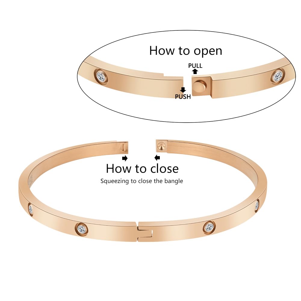 Edforce Stainless Steel 4mm Width Thin Love CZ Bangle Bracelet for Women (Rose Gold)