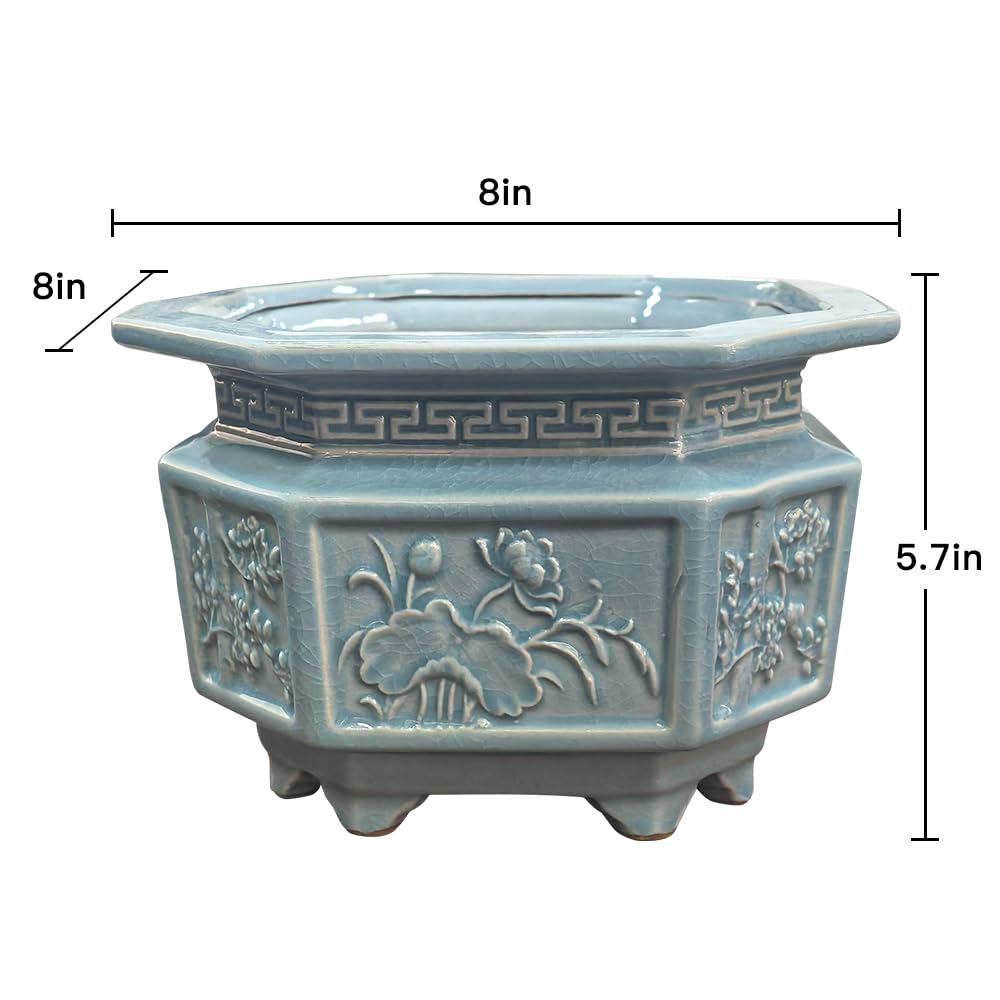HUOMUSIR 8-Inch Large Octagon Bonsai Pot Light Blue Water Glaze Bonsai Tree Ceramic Flower Pot Handmade
