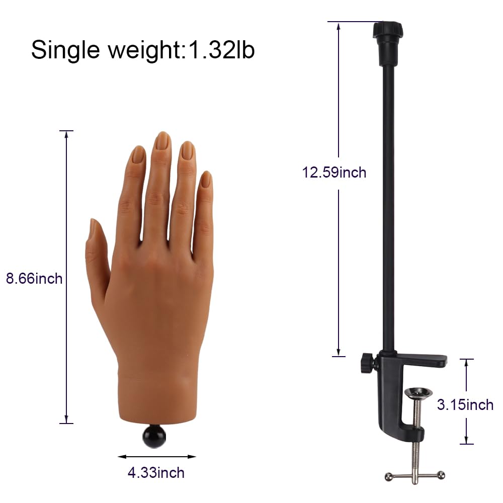 Nail Pratice Training Hand for Acrylic Nails with Stand Bracket,Soft Silicone Maniquin Hand, Flexible Bendable Nail Practice Fake Hand for Nails Art Practice Tool
