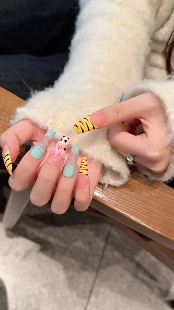 Press on Nails Long Square - 3D Design Lotus Flowers & Zebra French Tip, with Animal Print and Glossy Finish (M)