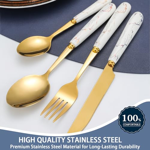 24 Pieces Flatware Set, Stainless Steel Cutlery Set with Silverware Holder, Modern Gold Silverware Set Includes Dinner Knives Forks Spoons,Hanging Silverware Set Service for 6 (White Gold) - color: White Gold