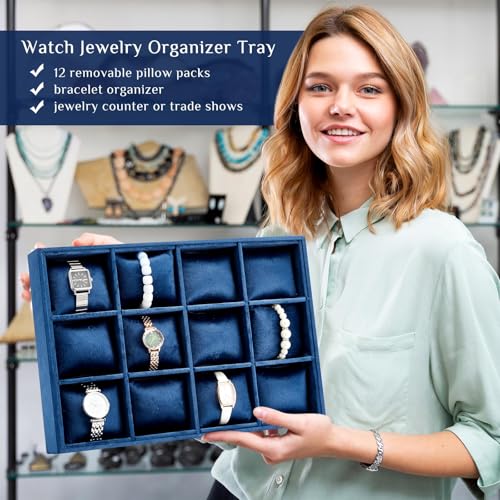 Henoyso 2 Pieces 12 Grid Velvet Watch Tray Jewelry Organizer Stackable Watch Bracelet Bangle Display Holder Adjustable Pillow(Blue) - color: Blue, size: 12 Grid